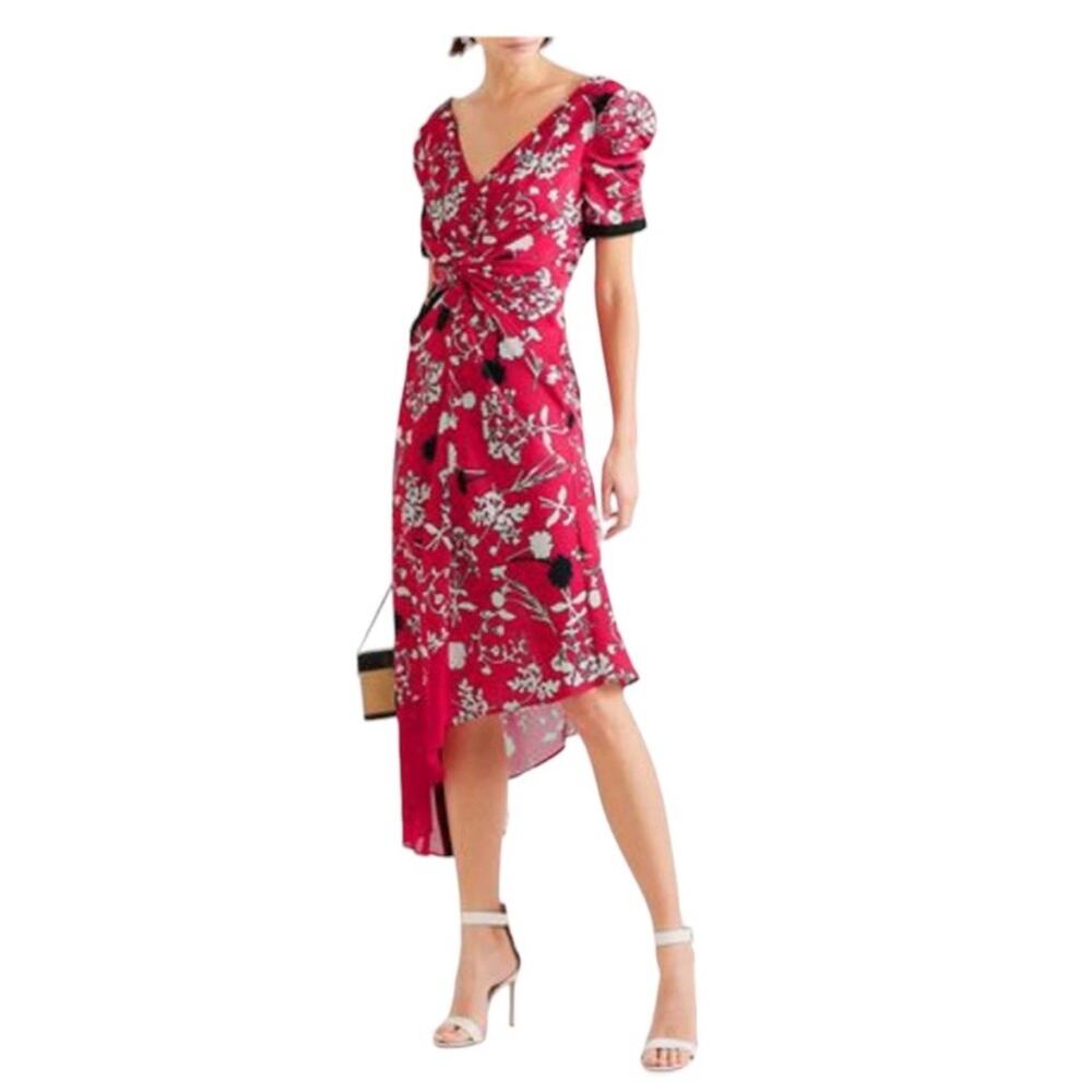 NWT Self-portrait Asymmetric‎ Twist-front Floral-print Crepe De Chine Dress sz 4